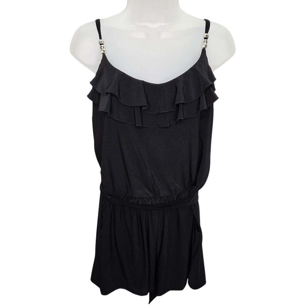White House Black Market Romper Size 10 Black Ruffle Tie Waist Adjustable Straps